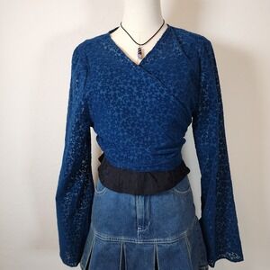Wild Fable Blue Floral Burnout‎ Velvet Sheer Long Sleeve Wrap Top Women's L